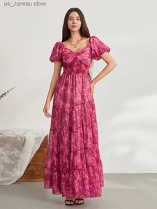 Basis Casual jurken Spring mode Flowy Smocked Maxi Dress Chiffon Puff Slve Swtheart Y2K Floral Boho Summer Sundresses For Women T240412