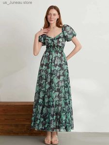 Basis Casual jurken Spring mode Flowy Smocked Maxi Dress Chiffon Puff Slve Swtheart Y2K Floral Boho Summer Sundresses For Women 1 T240415