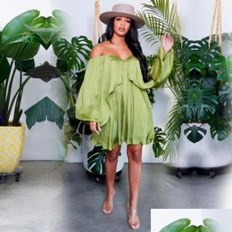 Robes décontractées de base Printemps Lâche Robe en satin à volants Femme Sexy Slash Cou à manches longues Boho Robes courtes Vêtements Streetwear Dhdyf