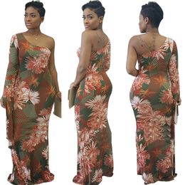 Basis Casual jurken Spring Maxi Dress Big Flower Print Single Shoulder Party Jurken Plus Size Women Clothing 230811