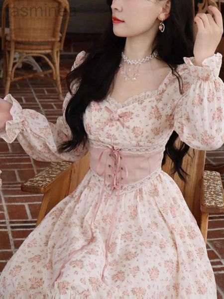 Robes décontractées de base printemps rose robe florale femmes pansement doux robe Vintage manches Kawaii robe femmes princesse fée 24319