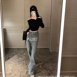 Basic casual jurken lente/zomer kleine vorm ontwerp hoge temperatuur warm opgerolde diamanten letter flash slank rechte poot jeans