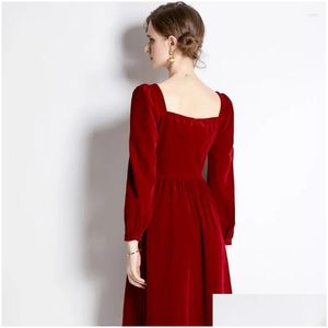 Basis Casual jurken vierkante nek Veet jurk Franse vintage hepburn -stijl hoog grade gevoel temperament nylon vaste kleur slanke fit dro dhswa