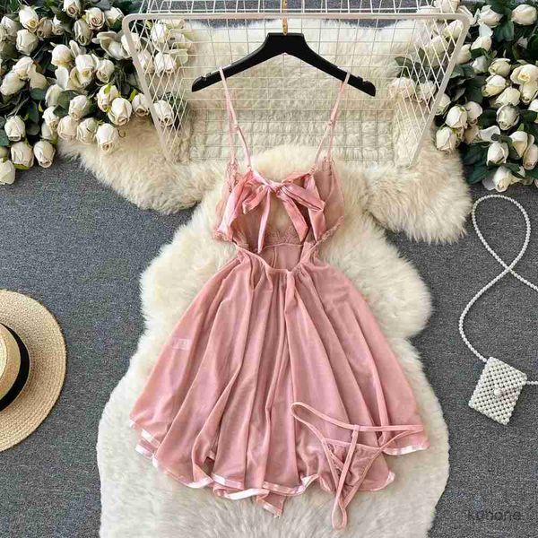 Vestidos casuales básicos Correos Bow Women Hot Women Nightwear Mesh Sexy Night Vestido Tansparente Tansparent Pajamas Vestido+tanga 2024 Lady Romantic Backless Nightie