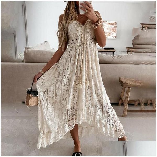 Robes Décontractées De Base Sans Bretelles D'été Boho Maxi Dress Femmes Col En V Gland Dentelle Blanche Sexy Bohème Irregar Long Beach Vestidoscasu Dhkgn