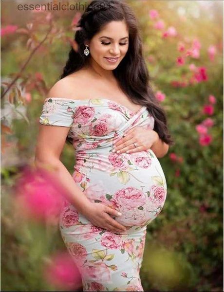 Robes décontractées de base extensible imprimé floral photographie de maternité robe longue sirène body-con maternité séance photo robe longue L230918
