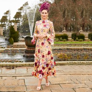 Robes décontractées de base Bijou élégant 3D floral mère de la mariée Aline longueur de thé fleurs robe d'invité de mariage avec manches 34 vêtements de fête des mères 230823