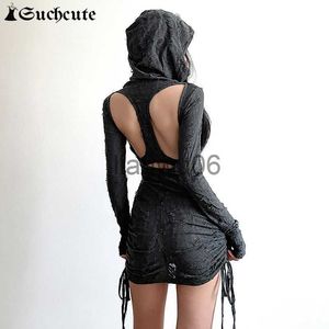 Robes Décontractées De Base SUCHCUTE Déchiré Y2K Grunge Pulls À Capuche Robes Courtes Femmes À Manches Longues Moulante Bouton Goth Streetwear À Lacets Nouvelle Mini Robe J2308009