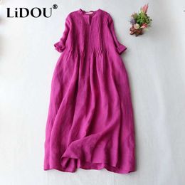 Vestidos informales básicos Verano Otoño Nuevo cuello alto Algodón Lino Pliegues Robe Fe 3/4 Sle Suelto Casual Moda Vestidos Mujer Color sólido DressC24315