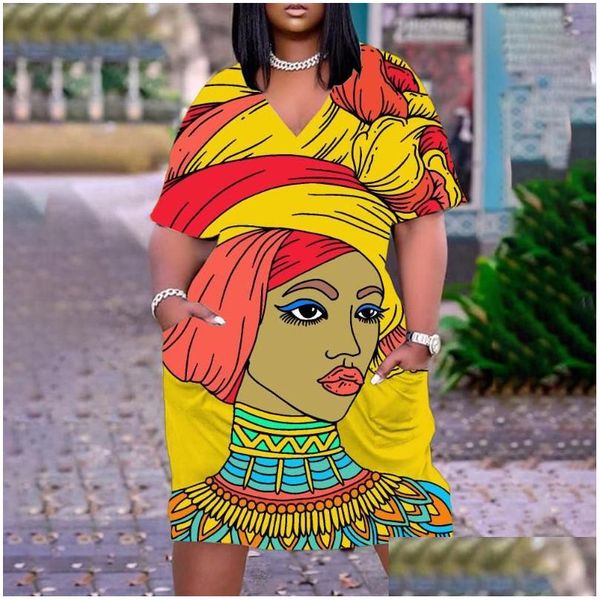 Vestidos casuales básicos Vestido midi bohemio de verano Rostro humano africano Impresión 3D Mujeres vintage con cuello en v y manga corta Ropa de fiesta nocturna Dr Dhhky