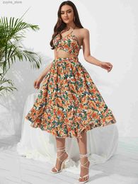 Basic Casual Dresses Summer Boho Bikini Set A-Line Rok Chic Women Elastische taille Twee stukken Rok met vrouwelijke strand Holiday Bloemen Print Midi Sets L49