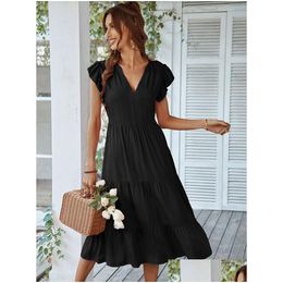 Robes décontractées de base Été Boho Robe Mode Col V Noir Rose Volants Midi Es Élégant Beach Party Pour Femmes Robe Femme 220613 D Dhj0L