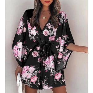 Robes décontractées basiques été Boho Mini robe femmes imprimé flore manches chauve-souris à lacets col en V lâche bouton robes dames plage robe de soirée robe 230614