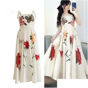 Basic Casual Jurken Summer Butterfly Embroidery Lady Lady Runway Kwaliteit Strap Katoenlinnen Sundress A Line Party Elegant Midi Long El Dhudm