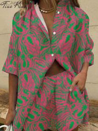 Robes décontractées de base Summer Casual Imprimez en deux morceaux Set Fashion Fashion Short Slve Shirt Mini Shorts Suit Femme 2023 Lady Loose Sportswear Tenues T240412