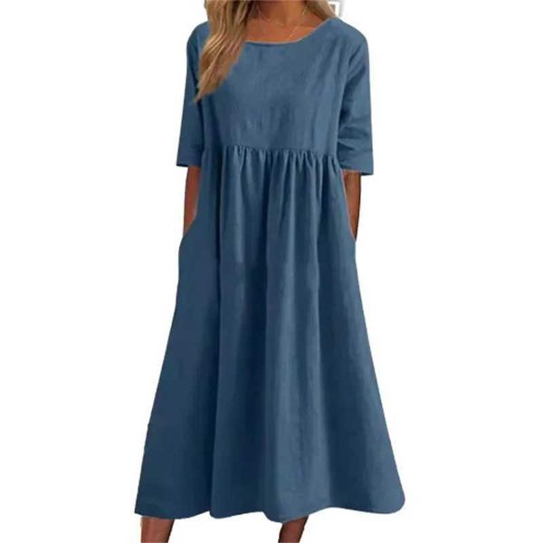 Robes décontractées de base en coton d'été Double poches robes femme décontractée épissage en plissé robe robe femelle couleur colover couche de cou y240429