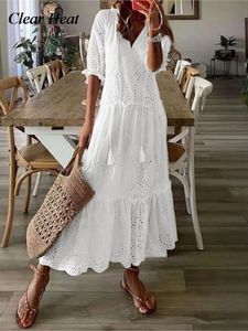 Vestidos casuales básicos Algodón de verano Vestido largo blanco para mujer Casual Hollow Crochet Bohemian Loose Beach Robe Ladies Plus Size Holiday Vestidos 230715