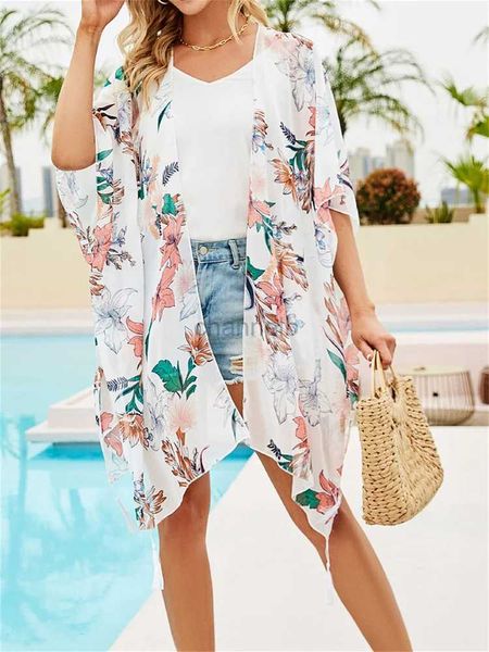 Vestidos casuales básicos de verano encubrimiento de verano para mujeres estampado floral boho beho baywear cardigan bikini bikini boras delgados de Hawai Resort Wear Kimono 240419