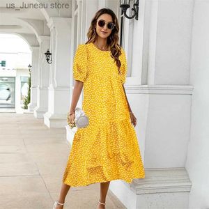 Robes décontractées de base Robe d'été 2024 femmes décontracté court Slve jaune à pois imprimé lâche Peplum robe gonflée Slve robe de plage grande taille T240330