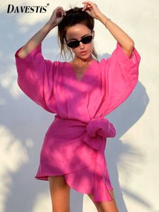 Robes décontractées de base robe d'été mode rose lâche décontracté col en v robe courte femmes vacances robe d'été respirant coton lin robes de plage 230802