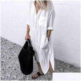 Robes Décontractées De Base Robe D'été Pour Les Femmes Lin Maxi Chemise Es Dames Élégantes Robes Femme Tunique Plus La Taille 5Xl Long Blanc 2107 Dhoer