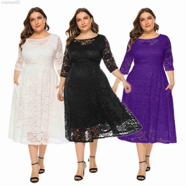 Vestidos casuales básicos verano elegante gran tamaño 5xl 6xl media manga mujer vestimenta midi encaje de primavera de primavera más tamaños vestidos de noche de boda hkd230807