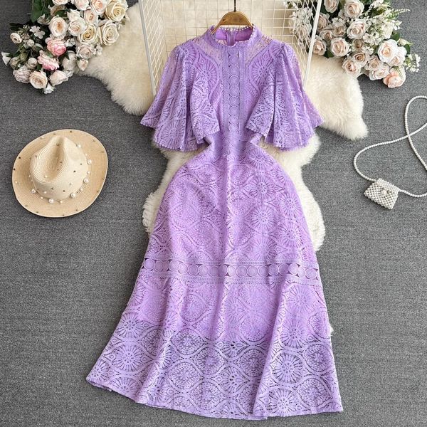 Robes décontractées de base été élégant Crochet fleur évider français violet dentelle robe pour les femmes volant manches col montant Club fête Midi Vestidos 2023