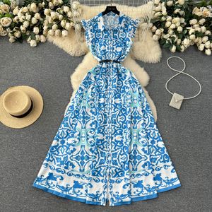 Robes décontractées de base Summer Fashion Riche Maxi Robe Femmes Sans manches Single Breasted Blue Blue Flower Print A-Line Party Vestidos 2023