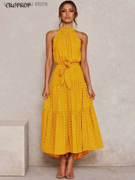 Robes décontractées de base Robe longue d'été à pois robes décontractées noir sexy licou sans bretelles nouveau 2022 jaune robe d'été vêtements de vacances pour les femmes T240330