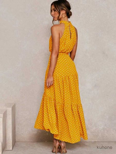 Robes décontractées de base Robe longue robe à polka robes décontractées noir licou sexy new 2022 Vêtements de vacances de dresse jaune 2022 pour femmes