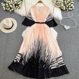 Basis Casual jurken Zomer Midden-lengte Women Mode bedrukte geplooide jurk met winkels Zomerronde Ronde Nek Korte mouw Damesjurken Vestidos Abrikoos 2024