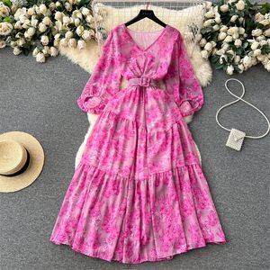 Basis Casual jurken Zomer Nieuwe mid-length vintage bloemenjurk Women Summer Vestidos met sjerpen V-hals lantaarn mouw dames Koreaanse A-lijnjurken 2024