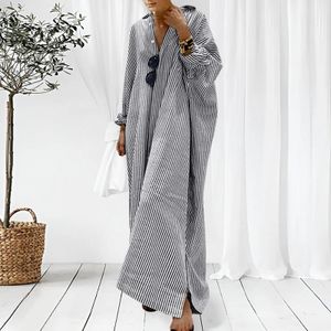 Robes décontractées de base Tenues d'été pour les femmes à rayures coton chemise en lin robe à revers à manches longues décontractées robes maxi amples, plus la taille 231129