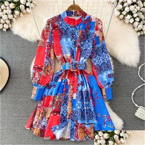Robes décontractées basiques Summer Runway Designer Boho Mini Dress Womens Lapel Lantern Sleeve Single Breasted Floral Print Belt Holiday Dhiw4
