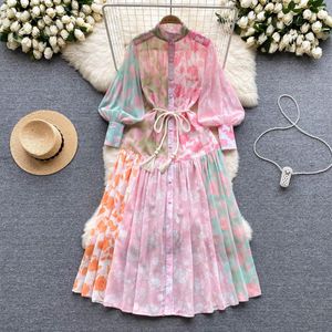 Basic Casual Jurken Zomer Runway Vintage Opstaande kraag Lange Lantaarnmouwen Chiffon Jurk Dames Bloemenprint Riem Losvallend A-lijn Maxi Vestidos 2023