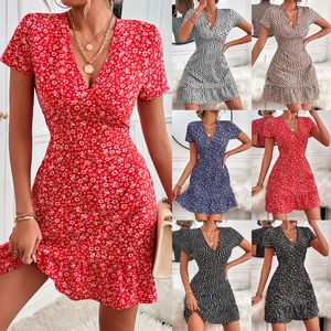 Basic Casual Jurken Zomer V-hals Geometrisch Gestippeld Bloemen Vrouwen Jurk Ruffle Decoratie Xtype Sexy Country Style 230601