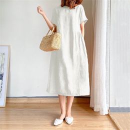 Basis Casual jurken zomer witte jurk dames in jurken formele gelegenheid katoenen linnen linnen losse, losse vaste midi jurk oversize Vestidos y2k 230519