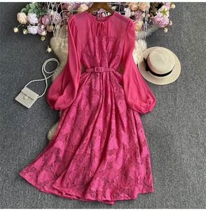 Basis Casual jurken Zomer Women Midden-Length Chiffon Stitching Lace Jurk met vleugels O-Neck Lace-Up Lantern Sleeve Ladies A-Line Dresses Vestidos 2024