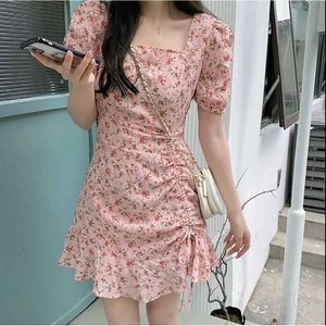 Basis Casual jurken zomer dames mode vierkante kraag puff mouwen bloemenprint jurk Koreaanse zachte fit a-line vesidosl2405