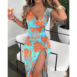 Basis Casual jurken Summer y Mouwess Slit Dress Women Women Fashion Printing V-Neck DString String Slim BodyCon Long Drop Delivery Apparel W DHAL9