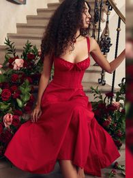 Basis Casual jurken Suninheart Elegant A Line Midi Dress Sexy Spaghetti Riem Lace Up Red Holiday Party Split Summer Women 230520