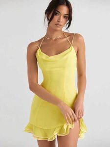 Basic Casual Jurken Suninheat Hoge kwaliteit Lichtgewicht Strandgewaad Mouwloos Mini-jurk Uniek Ruches Chiffon Zomer Sexy Feest Geel Dameskleding J240130