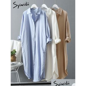 Vestidos casuales básicos Syiwidii Long White Camish Vestido para mujeres Algodón de algodón Summer Autumn Korean Clothing Vintage Midi Ro Dhjy0