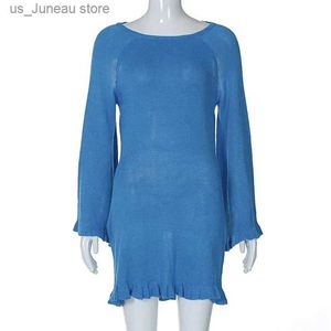 Robes décontractées de base taruxy tricot backless mini robe pour femmes lacets lâches solides robes courtes chaudes club chaud club occasionnel