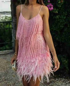 Basis Casual jurken Taruxy Tassel Pailletten Draai vrouwen elegante veren spaghetti -riemen mini -jurken zomer sexy feestclub avondjurken Vestidos 1 T240415