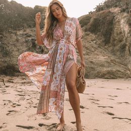 Vestidos casuales básicos TEELYNN Estampado floral Smock Frock Swim Bikini Cover Up Mujeres Vintage Beach Boho Oversize Summer Vestido largo Chiffon Robe Vestidos 230719