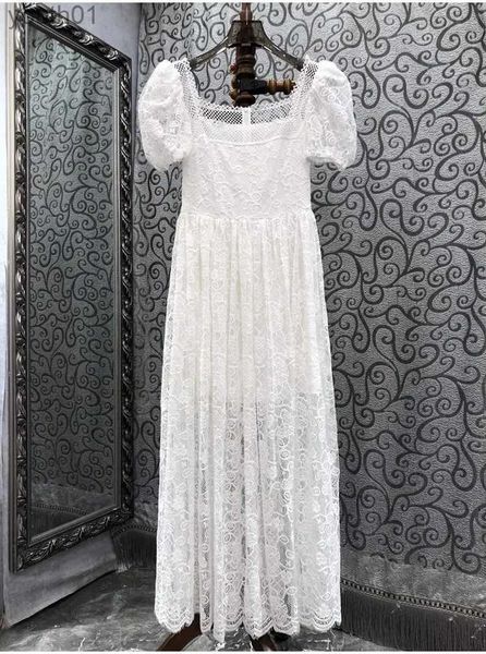 Robes décontractées de base Top qualité nouveau 2024 été robe longue fête de mariage dames allover crochet dentelle broderie manches courtes blanc maxi yq240402