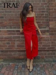 Robes décontractées de base TRAF 2023 Mode Femme élégante Robe rouge Hors épaule Robe longue sans manches avec poches pour la fête Mujer Robes Fr Shipping T240330