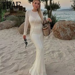 Basic Casual Dresses Traf Cut Long Dress Women Summer Backless Midi Bodycon Semi Sheer Sleeve Elegant Party For 230811