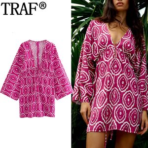 Robes décontractées de base TRAF imprimer court pour les femmes 2023 Boho Chic et élégante femme robe à manches longues Mini été attaché plage 230718